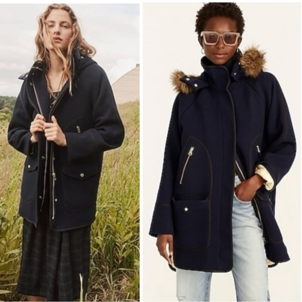 J. Crew Summit Parka Coat Italian Stadium Cloth Wool in Navy Gold Trim size 0